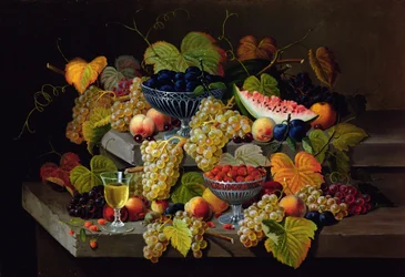 Still Life of Melon, Plums, Grapes, Peaches, Cherries, Strawberries etc. on Stone Ledges